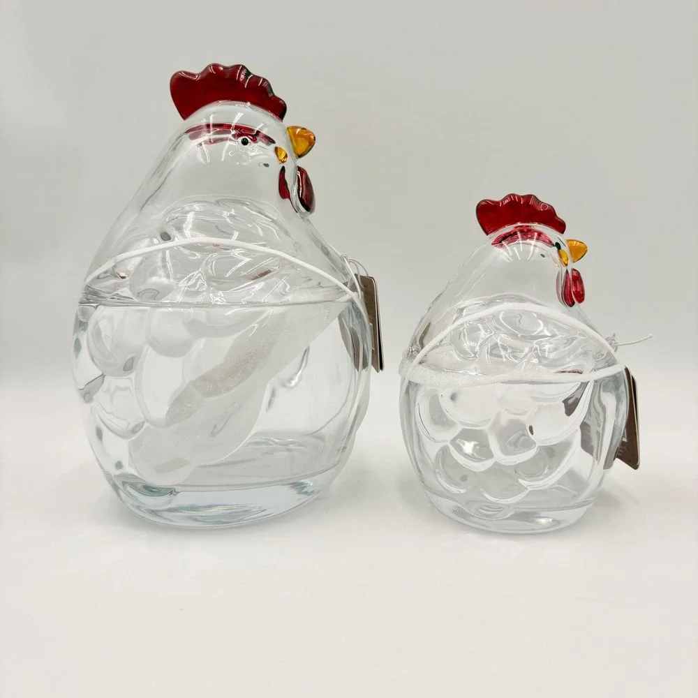 Gourmet Kitchen Glass Chicken Jar Set of 2 Clear Hen Canisters Farmhouse Decor